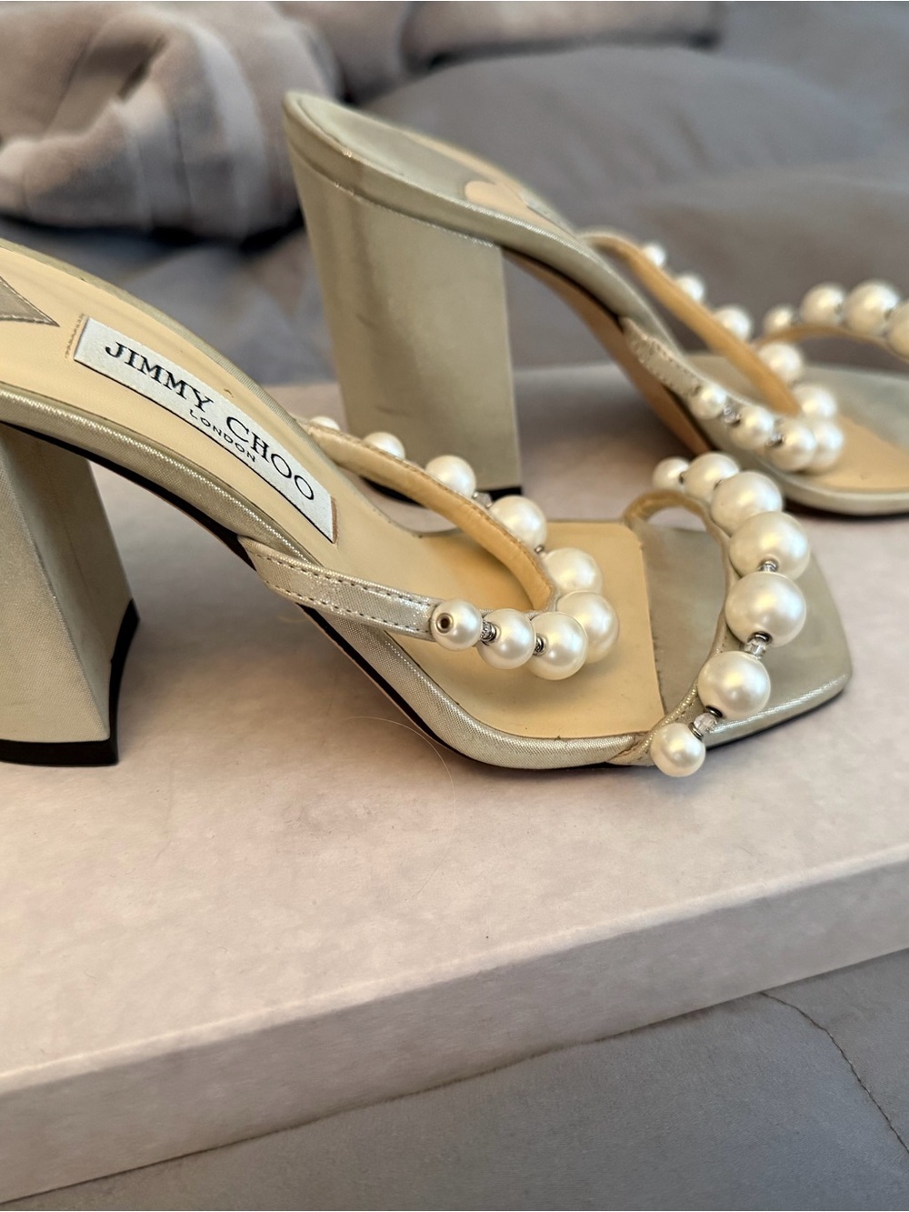 Jimmy Choo Pearl-Embellished Ivory Block Heel Sandals - Picture 5 of 8